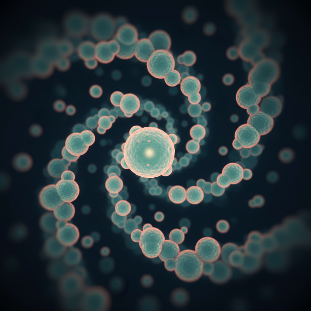 Abstract macro evoking microscopic spheres in cool mint and coral tones