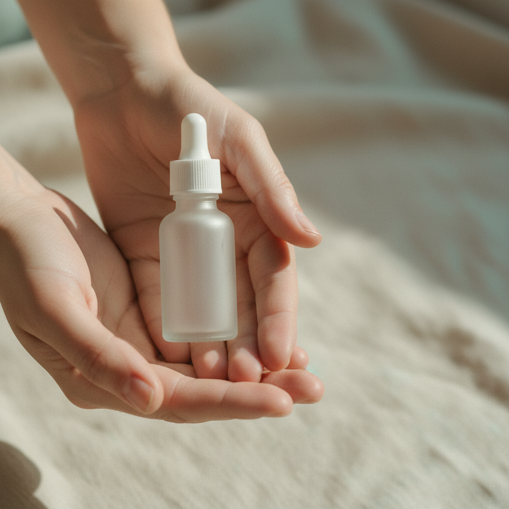 Hands holding an unbranded eye-drop bottle in soft natural daylight