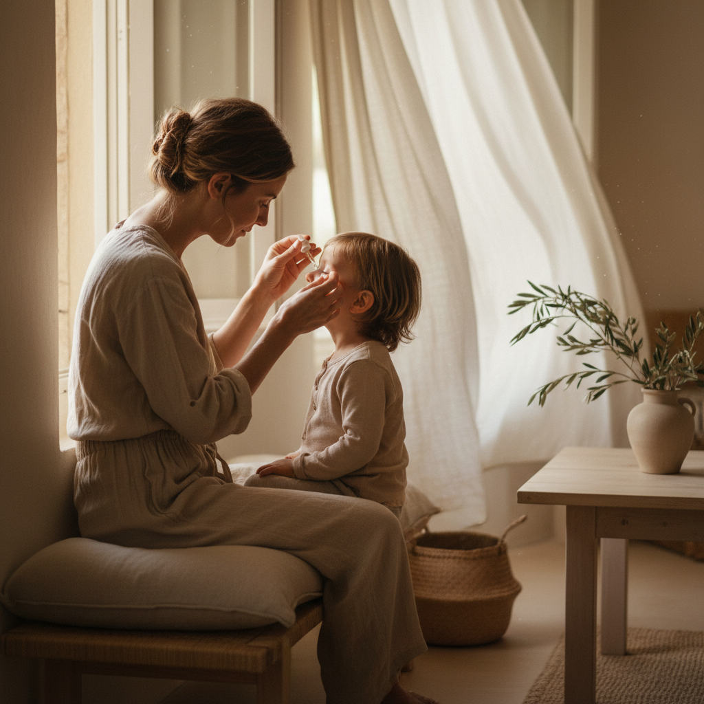 A parent gently administering eye care to a child in soft daylight
