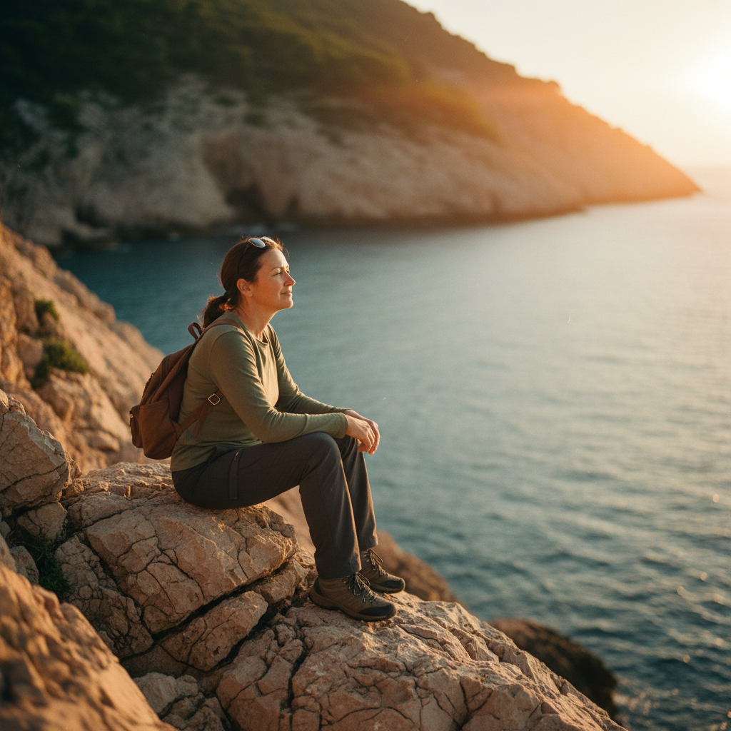 Hiker on the Croatian coast in late-afternoon light, eyes squinting against the sun