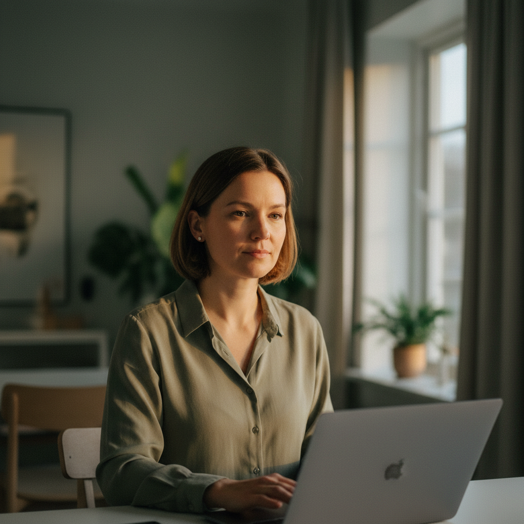 A young office worker working late at a laptop in soft amber light