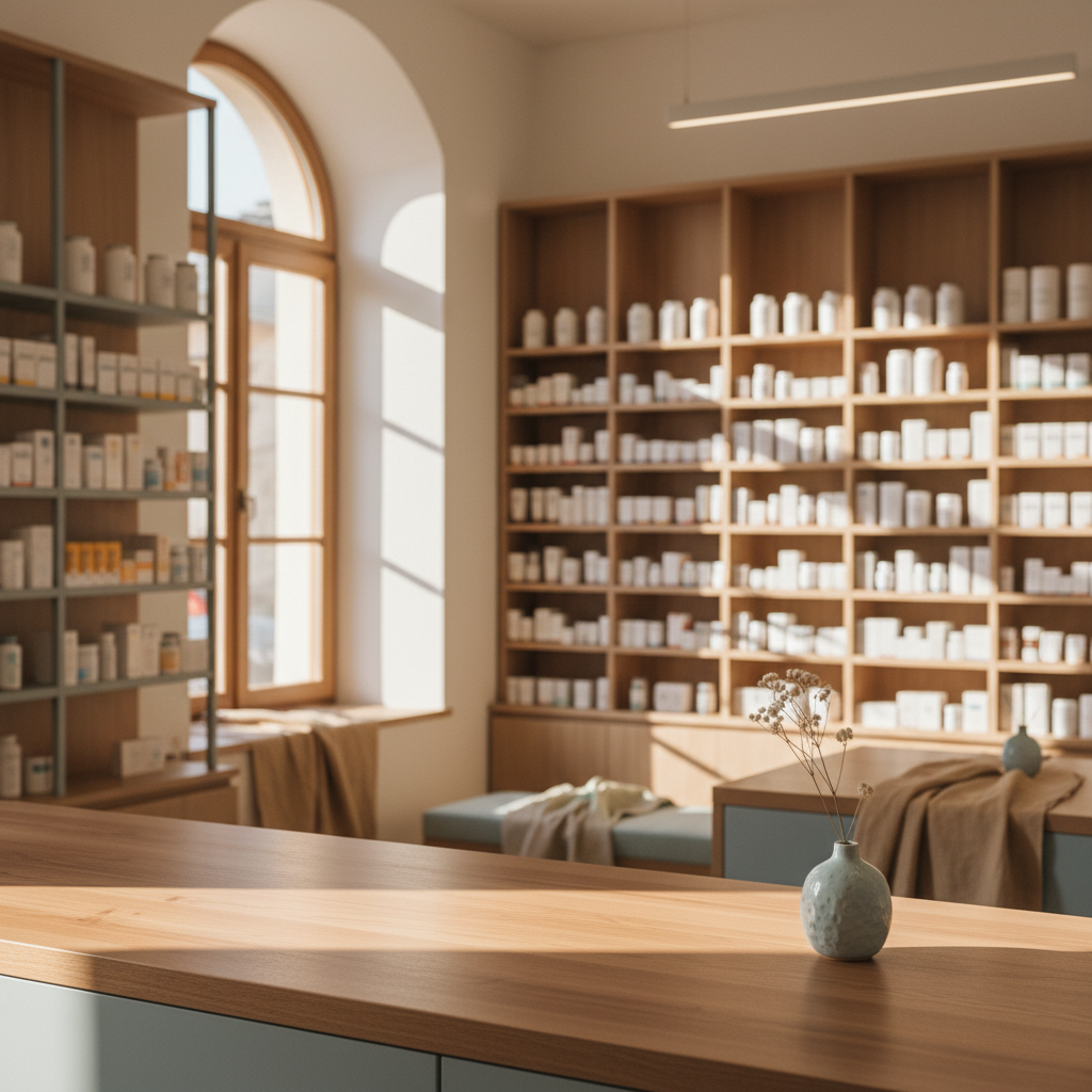 Soft-lit interior of a Croatian pharmacy with wooden shelving