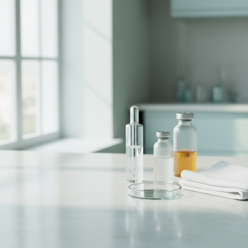 An ophthalmic dropper and frosted glass vials on a clean laboratory surface in natural light